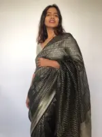 Black Tissue Organza silk Saree adorned with Beautiful Jacquard Weaves in Silver Za\ - Image 2