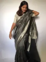 Black Tissue Organza silk Saree adorned with Beautiful Jacquard Weaves in Silver Za\ - Image 4