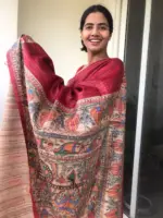 Red Tussar Jute Saree handpainted with Beautiful Madhubani - Image 6