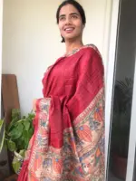 Red Tussar Jute Saree handpainted with Beautiful Madhubani