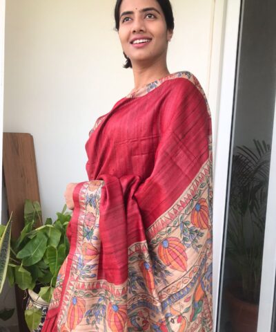 Red Tussar Jute Saree handpainted with Beautiful Madhubani