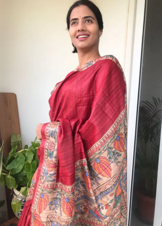 Red Tussar Jute Saree handpainted with Beautiful Madhubani