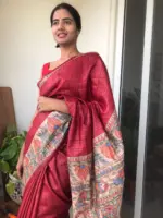 Red Tussar Jute Saree handpainted with Beautiful Madhubani - Image 4