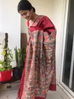 Red Tussar Jute Saree handpainted with Beautiful Madhubani - Image 7