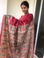 Red Tussar Jute Saree handpainted with Beautiful Madhubani - Image 5