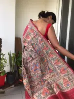 Red Tussar Jute Saree handpainted with Beautiful Madhubani - Image 2