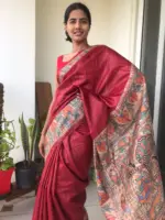 Red Tussar Jute Saree handpainted with Beautiful Madhubani - Image 3