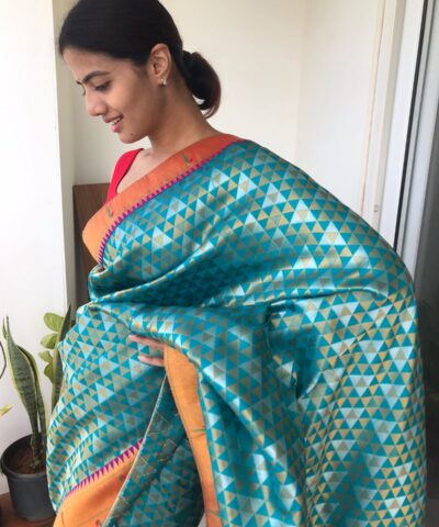 Aqua Blue Banarasi Silk Saree with Beautiful Gold and Silver Zari Weaves