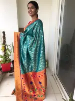 Aqua Blue Banarasi Silk Saree with Beautiful Gold and Silver Zari Weaves - Image 4