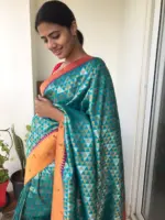 Aqua Blue Banarasi Silk Saree with Beautiful Gold and Silver Zari Weaves - Image 5