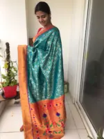 Aqua Blue Banarasi Silk Saree with Beautiful Gold and Silver Zari Weaves - Image 2