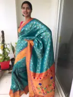 Aqua Blue Banarasi Silk Saree with Beautiful Gold and Silver Zari Weaves - Image 3