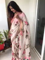 Ivory Printed Linen Saree adorned with Zari and contrast pink piping - Image 4