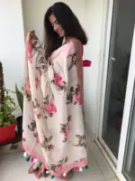 Ivory Printed Linen Saree adorned with Zari and contrast pink piping - Image 3