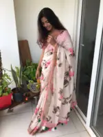 Ivory Printed Linen Saree adorned with Zari and contrast pink piping - Image 5