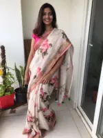 Ivory Printed Linen Saree adorned with Zari and contrast pink piping - Image 6