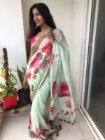 Sea Green Printed Linen Saree adorned with Zari Weaves - Image 2