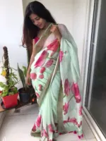 Sea Green Printed Linen Saree adorned with Zari Weaves - Image 4