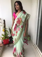 Sea Green Printed Linen Saree adorned with Zari Weaves - Image 3