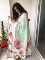 Sea Green Printed Linen Saree adorned with Zari Weaves - Image 5
