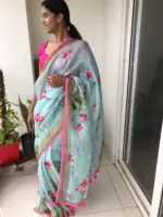 Baby Blue Printed Linen Saree adorned with Zari Weaves - Image 3