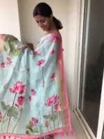 Baby Blue Printed Linen Saree adorned with Zari Weaves - Image 2