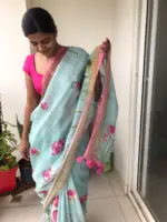 Baby Blue Printed Linen Saree adorned with Zari Weaves - Image 4