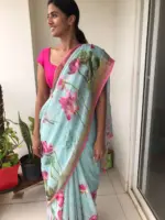 Baby Blue Printed Linen Saree adorned with Zari Weaves - Image 5