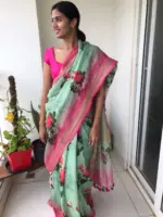 Sea Green Printed Linen Saree adorned with Zari Weaves - Image 4