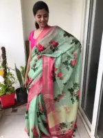 Sea Green Printed Linen Saree adorned with Zari Weaves - Image 2