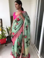 Sea Green Printed Linen Saree adorned with Zari Weaves - Image 3