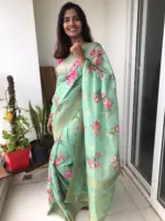 Sea Green Linen Silk Saree with Beautiful Prints and Zari Buttas all over - Image 4