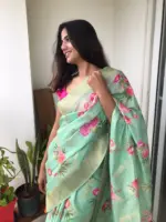 Sea Green Linen Silk Saree with Beautiful Prints and Zari Buttas all over