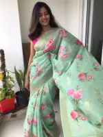 Sea Green Linen Silk Saree with Beautiful Prints and Zari Buttas all over - Image 5