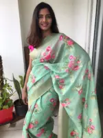 Sea Green Linen Silk Saree with Beautiful Prints and Zari Buttas all over - Image 2