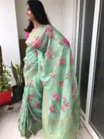 Sea Green Linen Silk Saree with Beautiful Prints and Zari Buttas all over - Image 3