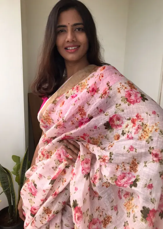Offwhite Printed Linen Saree adorned with Zari Weaves