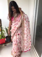 Offwhite Printed Linen Saree adorned with Zari Weaves - Image 2