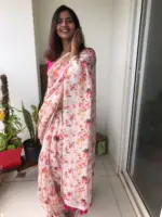 Offwhite Printed Linen Saree adorned with Zari Weaves - Image 5