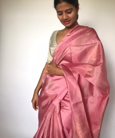 Creamy Pink Kanjivaram Silk Saree with Gold and Silver Zari Weaves