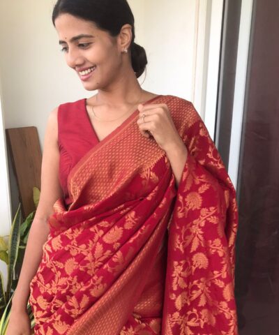 Maroon Chiffon Saree highlighted with Antique Gold Zari Weaves