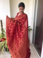 Maroon Chiffon Saree highlighted with Antique Gold Zari Weaves