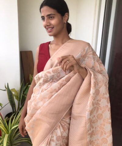 Ivory Chiffon Saree highlighted with Antique Gold Zari Weaves