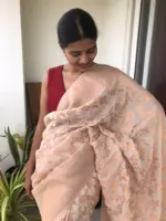 Ivory Chiffon Saree highlighted with Antique Gold Zari Weaves - Image 5