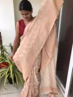 Ivory Chiffon Saree highlighted with Antique Gold Zari Weaves - Image 4