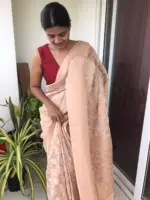 Ivory Chiffon Saree highlighted with Antique Gold Zari Weaves - Image 2