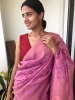 Candy Pink Chiffon Saree highlighted with Antique Gold Zari Weaves