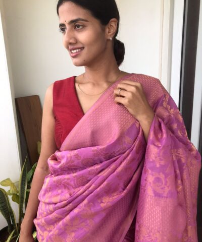 Candy Pink Chiffon Saree highlighted with Antique Gold Zari Weaves