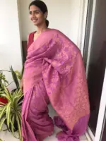 Candy Pink Chiffon Saree highlighted with Antique Gold Zari Weaves - Image 4