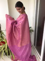 Candy Pink Chiffon Saree highlighted with Antique Gold Zari Weaves - Image 5